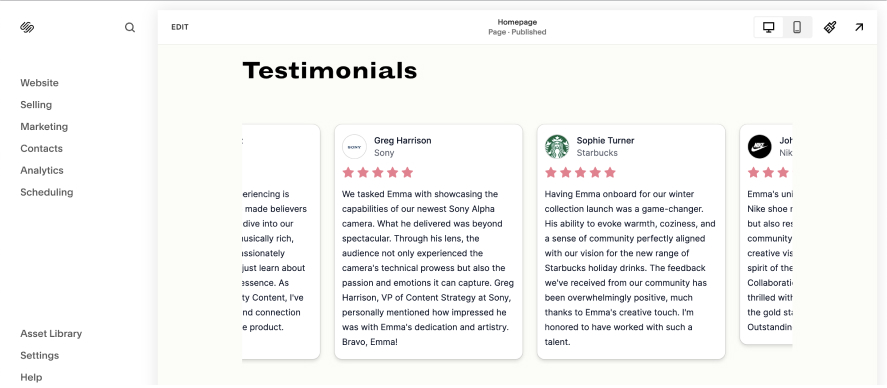 Squarespace Testimonial Section